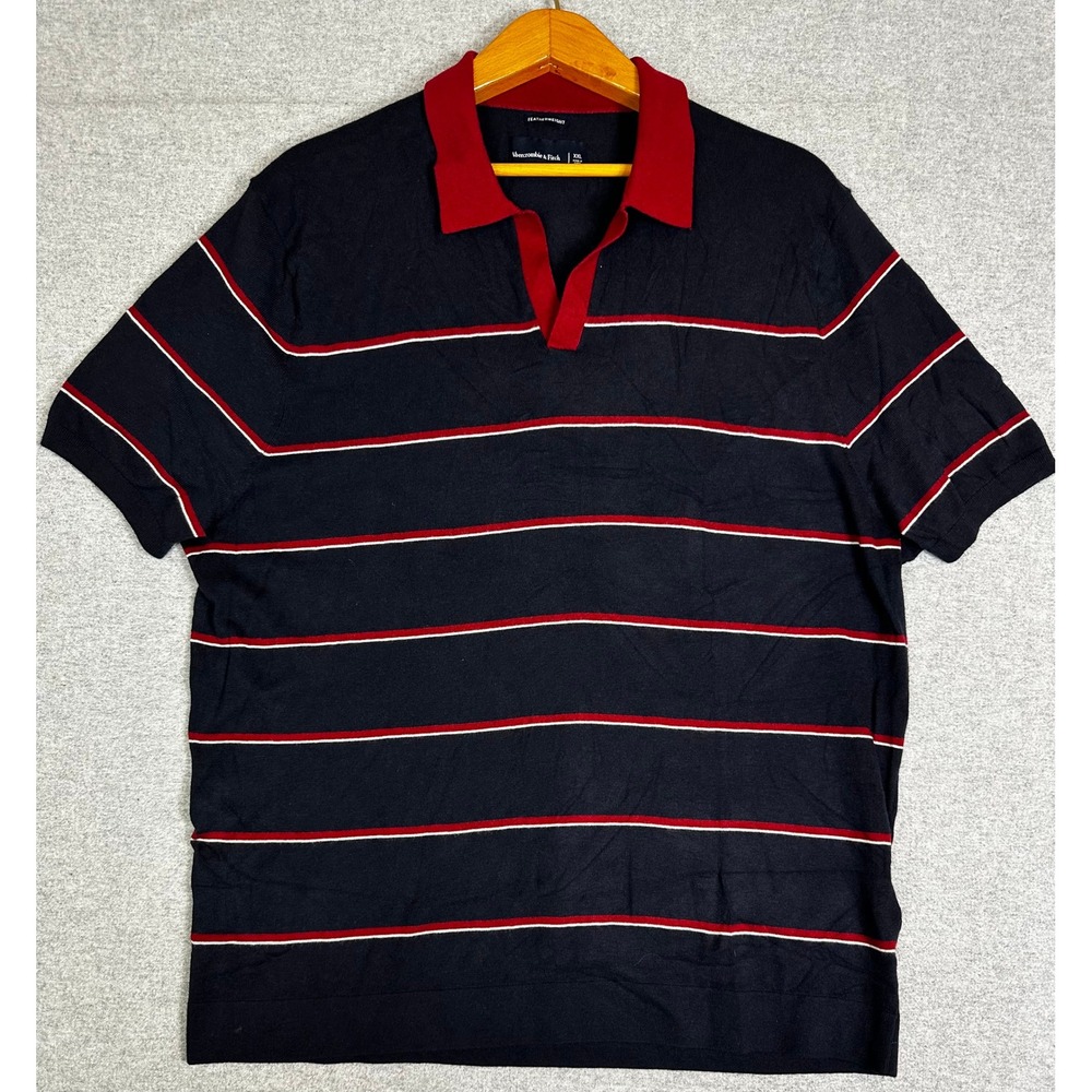Abercrombie Fitch Polo Sweater XXL Navy Striped Silk Johnny Collar Short Sleeve